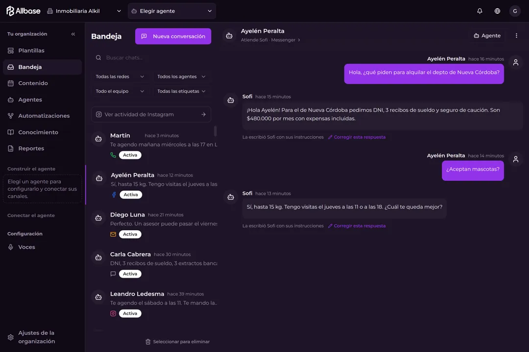 Allbase’s inbox with all your conversations and one open chat