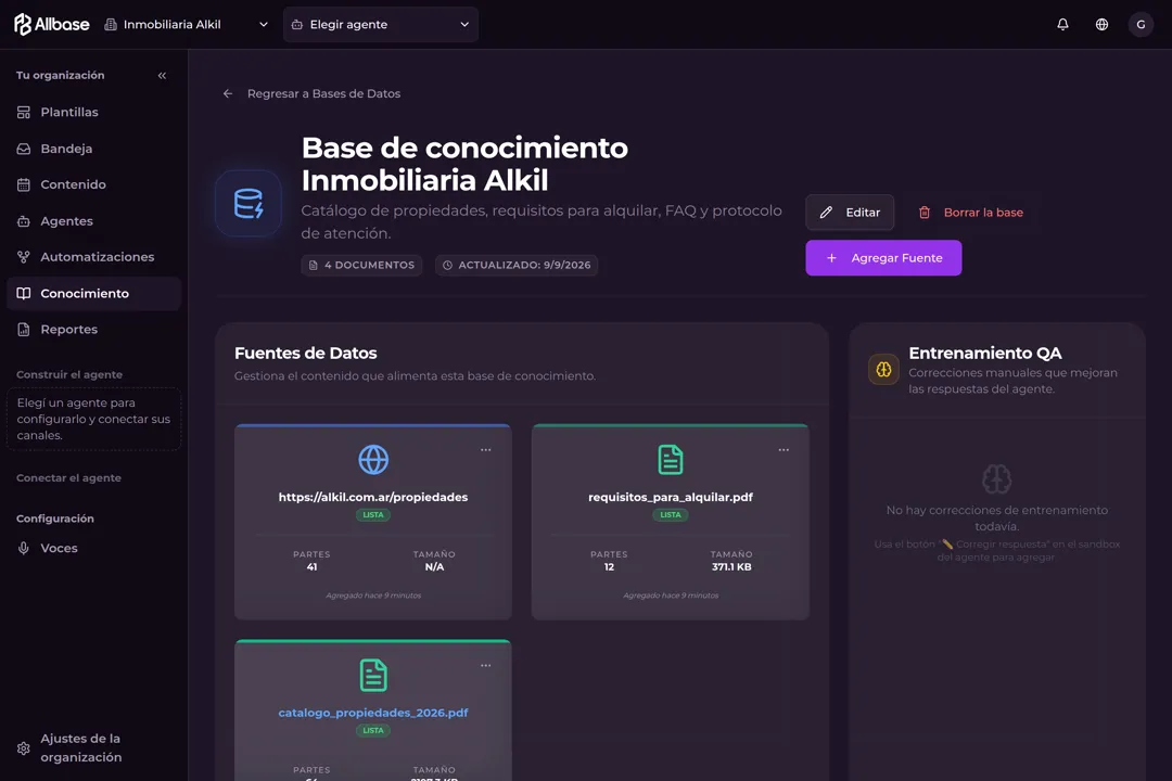 Allbase’s knowledge base with your catalog, requirements, and website