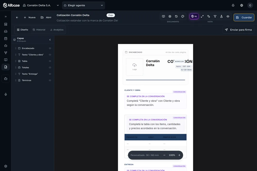 Allbase’s quote template auto-filled with chat details